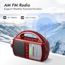 Load image into Gallery viewer, Weather Radio Portable AM FM Radio with Bluetooth Rechargeable Emergency Radio Built-in Rechargeable Battery or 4 AA Battery Operated & AC Power Plug in Wall Radio for Home Camping RED