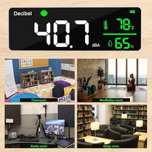 Load image into Gallery viewer, Decibel Meter Wall Hanging Sound Level Meter 11 inch Large LED Display Noise Temperature Humidity Meter with Alarm Icons Indicator Wide Applications for Classroom, Studio, Home, Factory