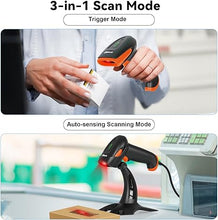 Load image into Gallery viewer, Alacrity 2D 1D Wireless Barcode Scanner with Stand, 3-in-1 Connectivity Bluetooth 2.4G Wireless USB Wired, Barcode Reader with Hands-Free Mode and Vibration Alert, Green