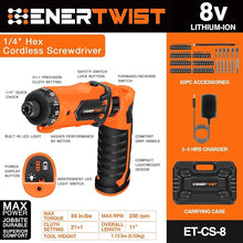 Load image into Gallery viewer, ENERTWIST Cordless Screwdriver, 8V Max 10Nm Electric Screwdriver Rechargeable Set with 82 Accessory Kit and Charger in Carrying Case, 21+1 Cluth, Dual Position Handle, LED Light, ET-CS-8