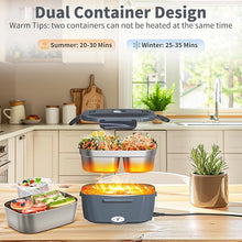 Load image into Gallery viewer, Electric Lunch Box for Adults, Heated Lunch Box with 2 Stainless Steel Container, 1.5L Portable 80W Food Warmer Lunch Box for Car/Truck/Work/Home Men, 110V/12V/24V/240V