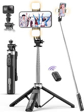 Load image into Gallery viewer, 53'' Selfie Stick Tripod with Light, Extendable Selfie Stick with Remote, Portable Cell Phone Tripod Stand with All in 1 Phone Clip, Lightweight Camera Tripod Compatible with iPhone 15 14 13, Android