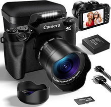Load image into Gallery viewer, VJIANGER 2024 Upgrade 4K Digital Camera for Photography with 32GB SD Card, 64MP Vlogging Cmaera for YouTube with Front and Rear Camera, Camera Case, WiFi, 3000mAh Battery, 4.0" Touch Screen(Black)