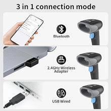 Load image into Gallery viewer, Wireless Barcode Scanner 1D QR Scanner Wireless Handheld Laser Bar Code Reader 3-in-1 with Bluetooth & 2.4G Wireless & USB Wired Works with iPad, Android Phone, iPhone, Laptop-U26