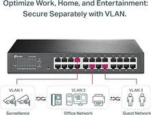 Load image into Gallery viewer, TP-Link 24 Port Gigabit Switch Easy Smart Managed Plug & Play Desktop/Rackmount Sturdy Metal w/ Shielded Ports Support QoS, Vlan, IGMP & LAG (TL-SG1024DE),Black