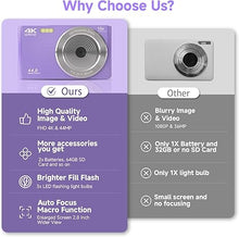 Load image into Gallery viewer, Digital Camera for Teens, FHD 4K 44MP Digital Camera Purple with 64GB SD Card 16X Digital Zoom, Cameras for Photography Compact Point and Shoot Camera for Teen Boys Girls Kids Camera Digital Purple