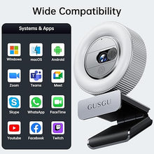 Load image into Gallery viewer, GUSGU G910 2K Quad HD Webcam for PC, with Microphone & Light & Privacy Cover, Web Camera for Desktop Computer/Laptop/MacBook, USB Streaming Camera