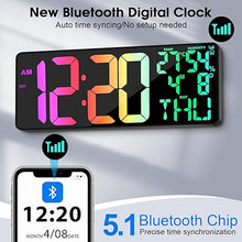 Load image into Gallery viewer, 11 RGB Color Changes Large Digital Wall Clock/Bluetooth Auto Time Sync, Remote-Controlled Digital Wall Clock Large Display with Alarm/Timer Function, DST, Indoor Temperature/Humidity Display (18 inch)
