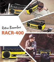Load image into Gallery viewer, Riptunes Cassette Boombox, Retro Blueooth Boombox, Cassette Player and Recorder, AM/FM/SW-1-SW2 Radio-4-Band Radio, USB, and SD, Yellow