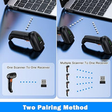 Load image into Gallery viewer, Symcode 2D Wireless Barcode Scanner with Auto-Sensing Stand,Putting on Stand to Scan Automatically Sense Scanning Barcode Scanner with Battery Level Indicator and Multiple Scanner to One Receiver