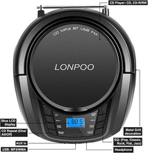 Load image into Gallery viewer, LONPOO Portable Boombox - CD Player, Bluetooth, USB, MP3, AUX, FM Radio, Portable, Built-in Stereo Speakers, Carrying Handle, LCD Display, Black