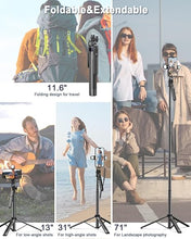 Load image into Gallery viewer, 71" Phone Tripod,Tripod for iPhone with Fill Light and Rechargeable Remote,Aluminum Selfie Stick Phone Stand Compatible with Cell Phone/Camera/Ring Light/DJI/GoPro