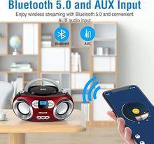 Load image into Gallery viewer, MEGATEK Portable CD Player Boombox with FM Radio, Bluetooth, and USB Port | Clear Stereo Sound | CD-R/RW and MP3 CDs Compatible | 3.5mm Aux Input and Headphone Jack | Backlit LCD Display - Cherry Red