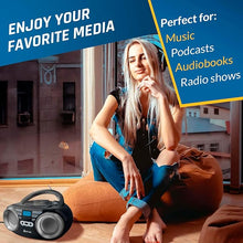 Load image into Gallery viewer, KLIM B3 Portable CD Player Boombox with FM Radio, Bluetooth, USB, AUX – Bluetooth Boombox MP3 Player with Dual Speakers, EQ Sound, 20 Preset Stations, Compact and Lightweight