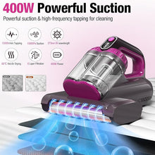 Load image into Gallery viewer, Mattress Vacuum Cleaner 15Kpa Bed Vacuum Cleaner 273nm UV-C Light & Ultrasonic Heating Tech 400W Handheld Vacuum Wide Suction Port 0.6L Capacity Double Cup for Pillows Cribs Sofa Black Corded