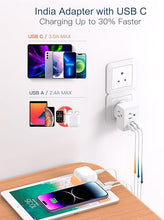 Load image into Gallery viewer, 2 Pack India Power Adapter, One Beat Type D Plug Adapter with 3 American Outlets 3 USB Ports(1USB C), 6 in 1 India Travel Plug Adapter for US to India, Bangladesh, Kuwait, Maldives