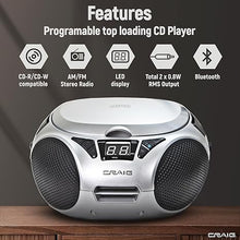 Load image into Gallery viewer, Craig CD6925 Portable Top-Loading Stereo CD Boombox with AM/FM Stereo Radio Bluetooth Wireless and AUX Port (Silver, Bluetooth)