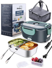 Load image into Gallery viewer, Buddew Electric Lunch Box 80W Food Heater for Adults, 12/24/110V Portable Lunch Warmer Upgraded Heated Lunch Box for Car/Truck/Office with SS Fork&Spoon and Insulated Carry Bag (Green)