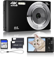 Load image into Gallery viewer, Black Digital Camera 2024 Upgrade 4K 44MP Digital Cameras for Teens, Digital Point and Shoot Camera for Kids with 16X Zoom, 64GB SD Card, Compact Small Camera for Boys Girls Teens Kids Gift
