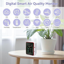Load image into Gallery viewer, 15-in-1 Air Quality Monitor Indoor CO/CO2/HCHO/TVOC/AQI/PM0.3/PM1.0/PM2.5/PM10/Thermometer/Humidity Monitor/Date and Time/Alarm Clock/Timer/Mobile APP, WiFi, Alerts & Notifications (White Red)