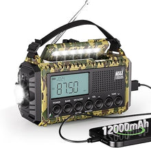 Load image into Gallery viewer, Emergency Radio 12000, Auto Digital Weather Radio Portable AM FM SW NOAA, Battery Operated Rechargeable Solar Hand Crank Radio with Flashlight, Cell Phone Charger, SOS, Type C Adapter