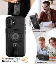 Load image into Gallery viewer, Capture Grip Strap Magnetic Stand for iPhone 16 Plus Case with Screen Protector, Protective iPhone 16 Plus Case Leather, Compatible with MagSafe, Built-in Kickstand,for Men Women, Black