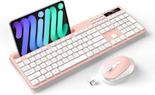 Load image into Gallery viewer, Wireless Keyboard and Mouse Combo, Soueto 2.4G Full-Sized Computer Keyboard with Phone Tablet Holder, 22 Multimedia Shortcuts, Numeric Keypad, 6 Button Silent Mouse for Windows, Mac (Pink)