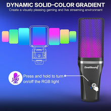 Load image into Gallery viewer, ZealSound Gaming USB Microphone for PC,RGB Condenser Computer Mic with Tripod Stand,Quick Mute,Gain Control for Gaming,Streaming,Podcasting,Recording,ASMR,Cardioid Mic Kit for Laptop/PS4/PS5/Phone