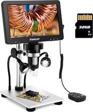 Load image into Gallery viewer, TOMLOV DM9 7" LCD Digital Microscope 1200X, 1080P Coin Microscope Magnifier, 12MP Ultra-Precise Focusing Soldering Microscope for Adult, PC View, 32GB