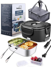 Load image into Gallery viewer, Buddew Electric Lunch Box 80W Food Heater for Adults, 12/24/110V Portable Lunch Warmer Upgraded Heated Lunch Box for Car/Truck/Office with SS Fork&Spoon and Insulated Carry Bag (Black)