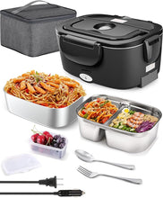 Load image into Gallery viewer, Buddew Electric Lunch Box 80W Food Heater with Dual Container, Portable Lunch Warmer for Adults, Upgraded Heated Lunch Box for Car/Truck/Office with SS Fork&Spoon and Insulated Carry Bag (Black)