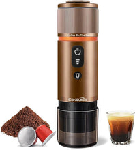 Load image into Gallery viewer, CONQUECO Portable Espresso Coffee Machine: 12V Electric Small Travel Expresso Maker - Self Heating 8 Cups Battery Powered Compatible for Nespresso Capsule - for Camping RV Hiking Office (Brown)