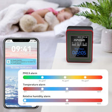 Load image into Gallery viewer, 15-in-1 Air Quality Monitor Indoor CO/CO2/HCHO/TVOC/AQI/PM0.3/PM1.0/PM2.5/PM10/Thermometer/Humidity Monitor/Date and Time/Alarm Clock/Timer/Mobile APP, WiFi, Alerts & Notifications (Balck Red)