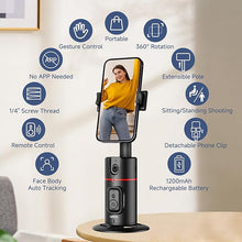 Load image into Gallery viewer, Auto Face Tracking Tripod, No App, Smart Shooting Phone Holder with Remote, 360° Rotation Body Phone Camera Mount Extendable Body Smart Tracking Tripod for Vlog/TIK Tok, Rechargeable Battery (Black)