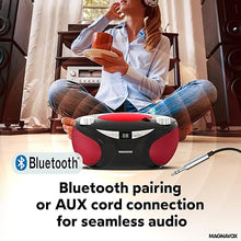 Load image into Gallery viewer, Magnavox MD6949 Portable Top Loading CD Boombox with AM/FM Stereo Radio and Bluetooth Wireless Technology in Black | CD-R/CD-RW Compatible | LED Display | (Black/Red)
