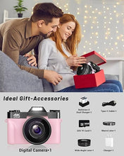 Load image into Gallery viewer, VJIANGER 4K Vlogging Camera for YouTube 56MP Digital Camera for Photography and Video with 180°Flip Screen, 16X Digital Zoom, 52mm Wide Angle & Macro Lens, 32GB Micro SD Card, 2 Batteries(Pink)
