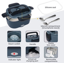 Load image into Gallery viewer, Electric Lunch Box, 12V/24V/110V Portable Food Warmer with SS Fork & Spoon for Car/Truck/Office, 80W Self Heating Lunch Box with 1.5L 304 Stainless Steel Container & 0.45L PP Fruit Box Black