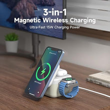 Load image into Gallery viewer, 3 in-1 Magnetic Charger 15W Fast Charging Foldable Charger Stand for Apple Devices Compatible with Phone, AirPods 3/2/pro, iWatch Series (Included 33W Digital Display Adapter)