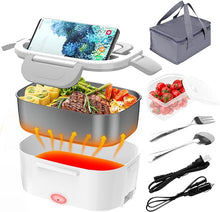 Load image into Gallery viewer, Electric Lunch Box, Food Warmer Heater 12V 24V 110V, 80W Faster Heated Lunch Box for Car/Truck/Home Portable Heating Boxes with 1.5L 304 SS Container Fork & Spoon, White+Gray