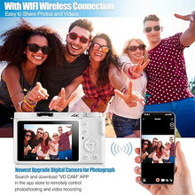 Load image into Gallery viewer, 4K Digital Camera for Photography and Video, 12X Optical Zoom 64MP Autofocus Anti-Shake Vlogging Camera for YouTube, Built-in Fill Light and Flash Travel Camera with 64GB SD Card,Battery (White)