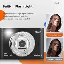 Load image into Gallery viewer, Acuvar 4K 50MP Digital Camera, Auto Focus Kids Camera Selfie with Front and Rear Dual Lenses, 32GB Card, 8X Digital Zoom, Compact Travel Vlogging Video Camera Gift for Kid Teen Beginner (Black)