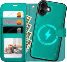Load image into Gallery viewer, OCASE for iPhone 16 Case Detachable Wallet Case with Card Holder, 2 in 1 Pu Leather Flip Folio with RFID Blocking Stand Wrist Strap Shockproof Phone Cover 6.1 Inch 2024, Blue Green