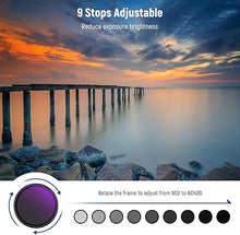 Load image into Gallery viewer, NEEWER 58mm ND2-400 (1-9 Stops) Variable ND Filter with Lens Cap, Lanyard, Cleaning Cloth, Precise Neutral Density Adjustment, Fingerprint & Scratch Resistant Multicoated Optical Glass