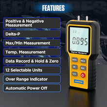 Load image into Gallery viewer, AUTOOL Digital Manometer, Dual-Port Manometer Gas Pressure Tester, Handheld HVAC Manometer, 12 Selectable Units Differential Pressure Gauge, Large LCD Display with Backlight