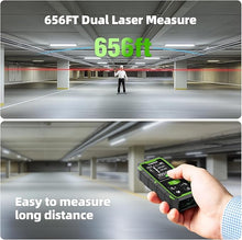 Load image into Gallery viewer, Huepar Professional 656ft Dual Laser Distance Measuring Tool, Rechargeable Digital Laser Room Measure Devices, Bilateral Metro Laser Measurement Tool with with Angle Sensor, Magnetic Back