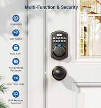 Load image into Gallery viewer, Veise Fingerprint Door Lock with 2 Door Knobs - Keyless Entry Door Lock with Handle, Electronic Keypad Deadbolt, Smart Front Door Lock Set, Auto Lock, Waterproof, Easy Installation, Oil-Rubbed Bronze