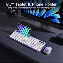 Load image into Gallery viewer, Wireless Keyboard and Mouse Combo, Soueto 2.4G Full-Sized Computer Keyboard with Phone Tablet Holder, 22 Multimedia Shortcuts, Numeric Keypad, 6 Button Silent Mouse for Windows, Mac (Purple-White)
