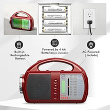 Load image into Gallery viewer, Weather Radio Portable AM FM Radio with Bluetooth Rechargeable Emergency Radio Built-in Rechargeable Battery or 4 AA Battery Operated & AC Power Plug in Wall Radio for Home Camping RED