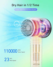 Load image into Gallery viewer, High Speed Ionic Hair Dryer, Travel Hair Blow Dryer for Fast Drying, Lightweight Portable Hairdryer for Women & Men with Nozzle, 4 Temps & 2 Speeds (Blue)