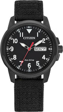 Load image into Gallery viewer, Citizen Men's Eco-Drive Weekender Garrison Field Watch in Black IP Stainless Steel with Black Nylon strap, Black Dial (Model: BM8186-15E)